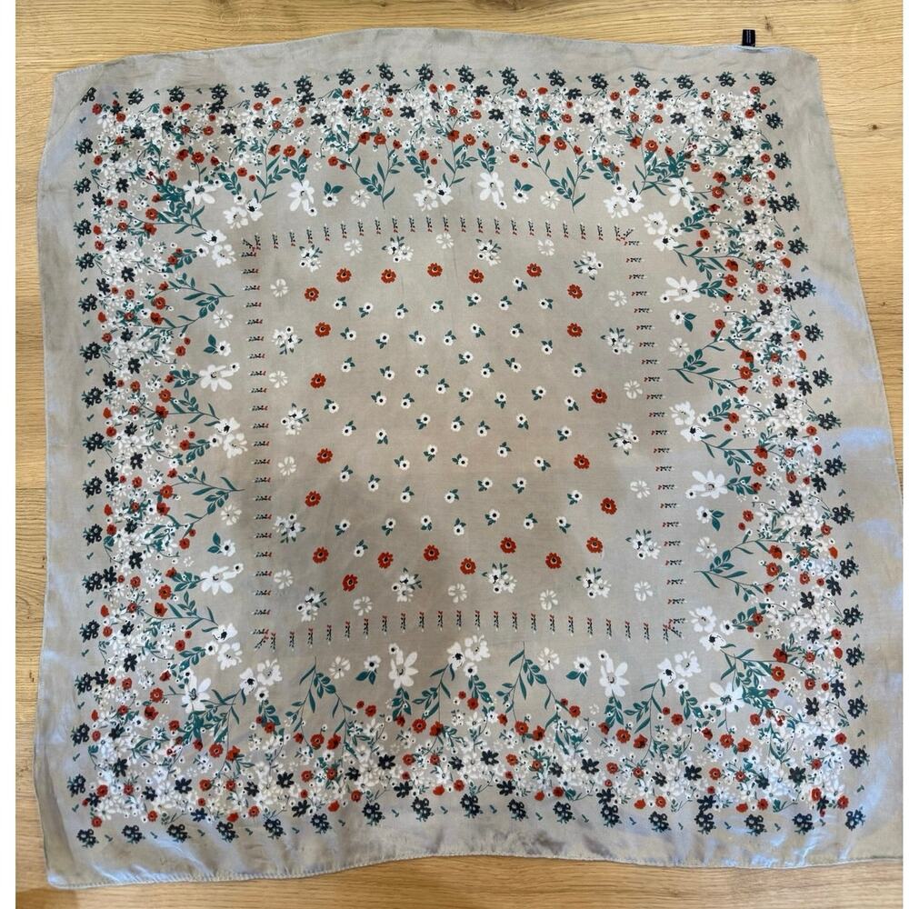 Floral Square Neck Scarf Neutral Beige Rust Orange Black Dainty Print 28x28⁠